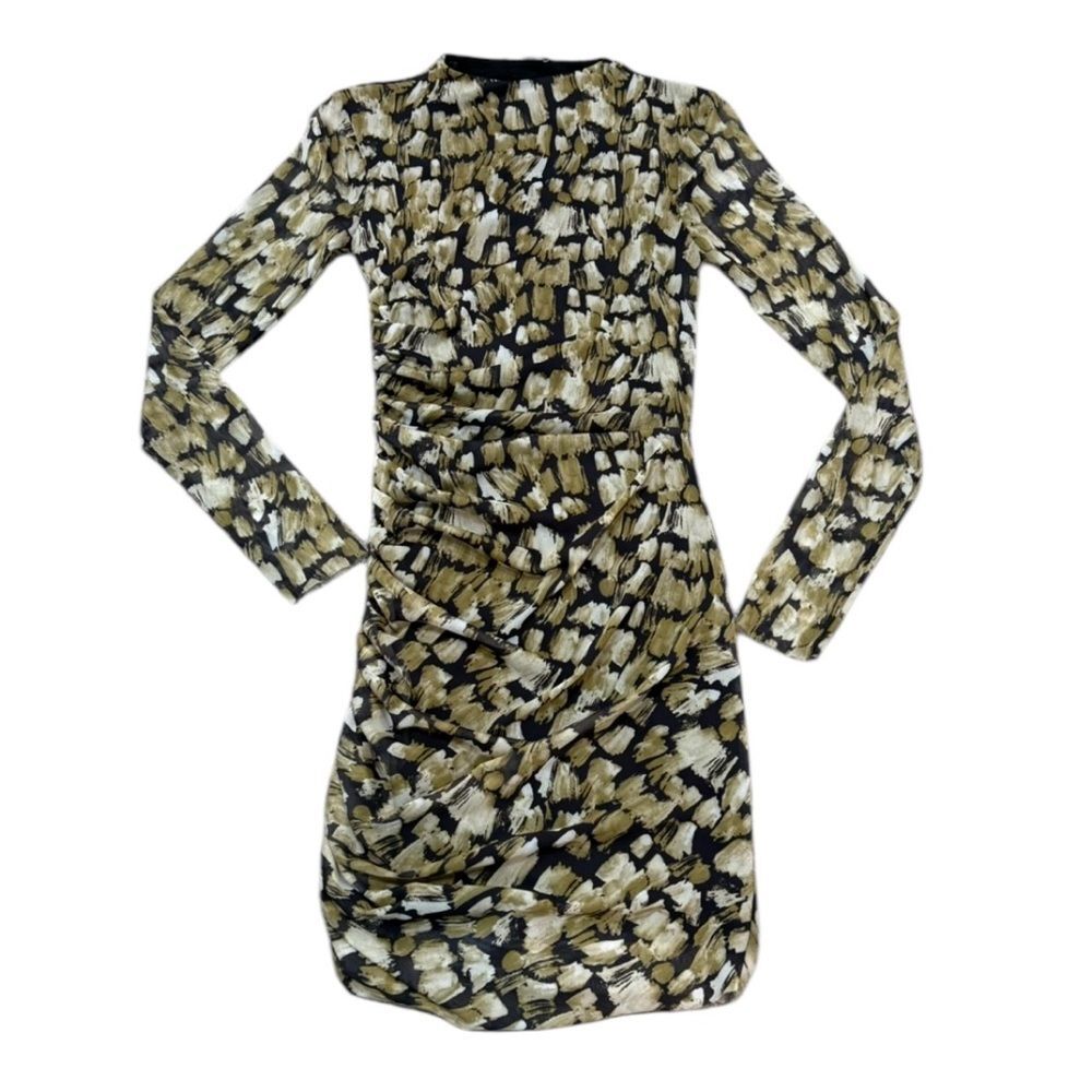 ZARA Green and Black Printed Tulle Ruched Bodycon Dress Size S